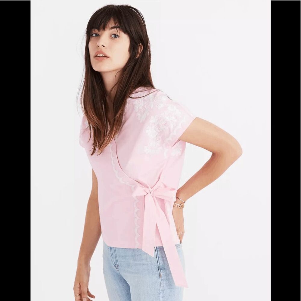 Madewell Pink Floral Embroidered Side-Tie Wrap Blouse Women's Size Medium